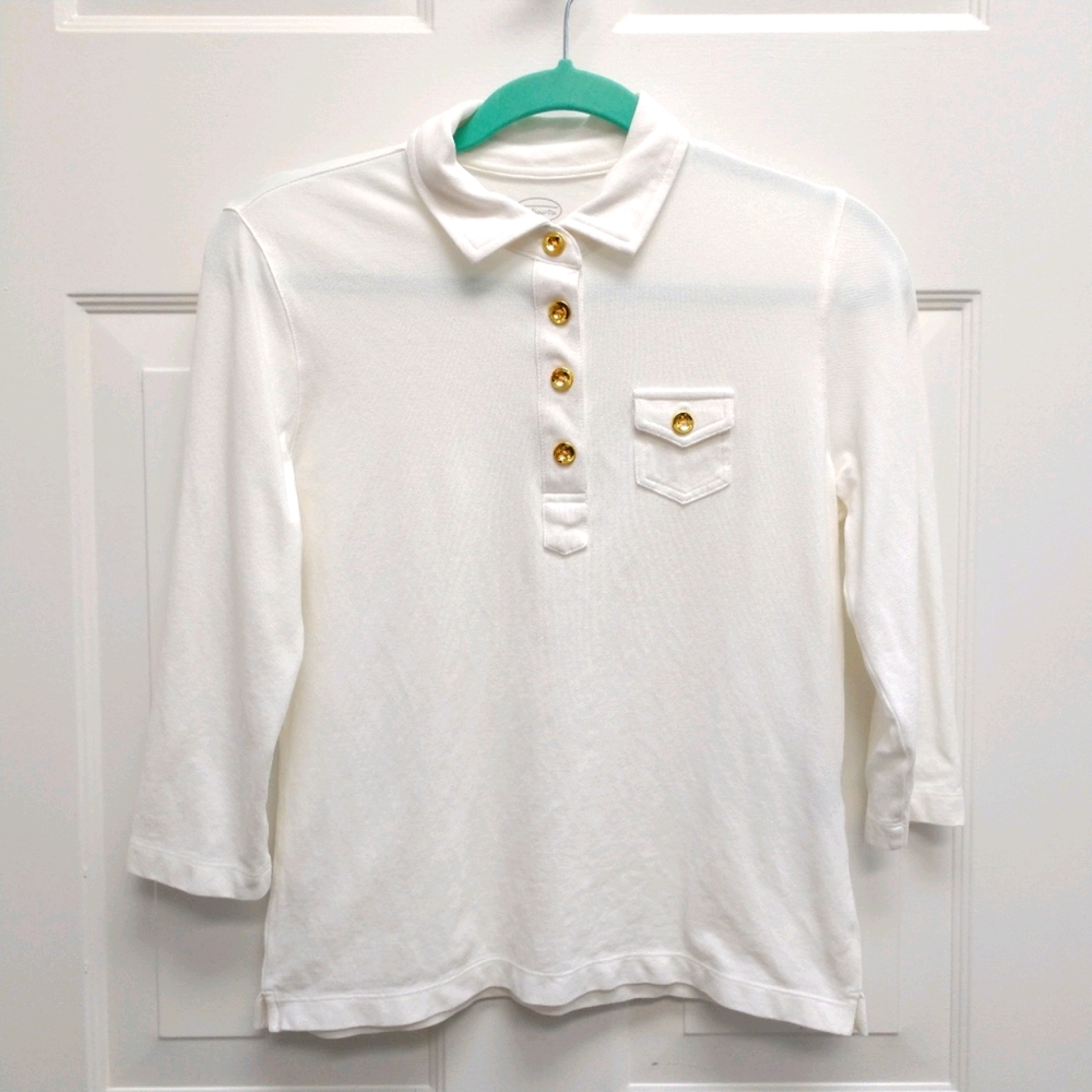 3/4 Sleeve White Cotton Blend Polo Talbots SP
